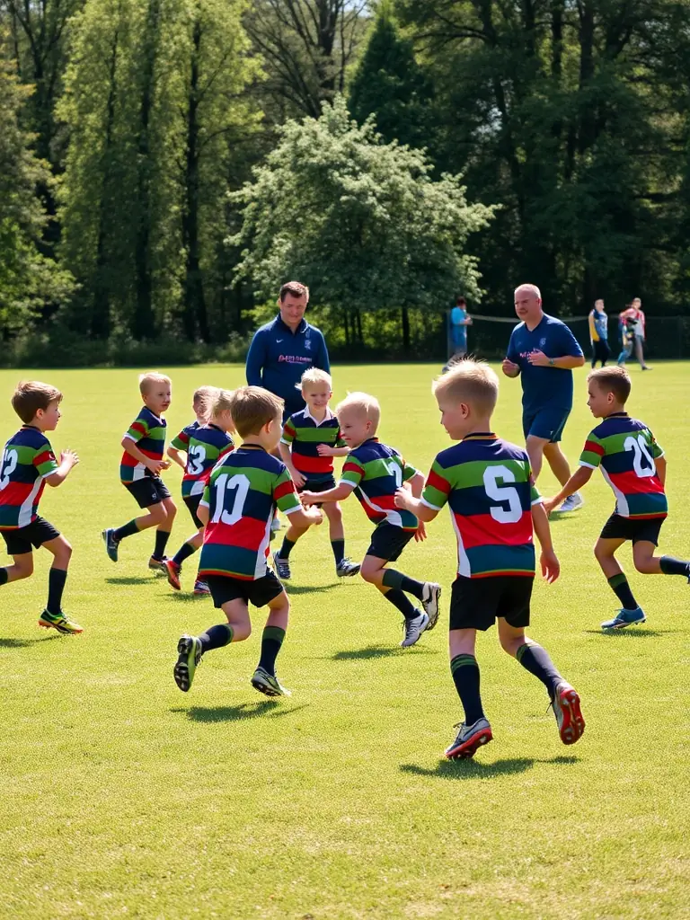 A group of young children in FCBO FCB LES OLIVES jerseys participating in a fundamental skills training session on a well-maintained football field, with coaches providing guidance.