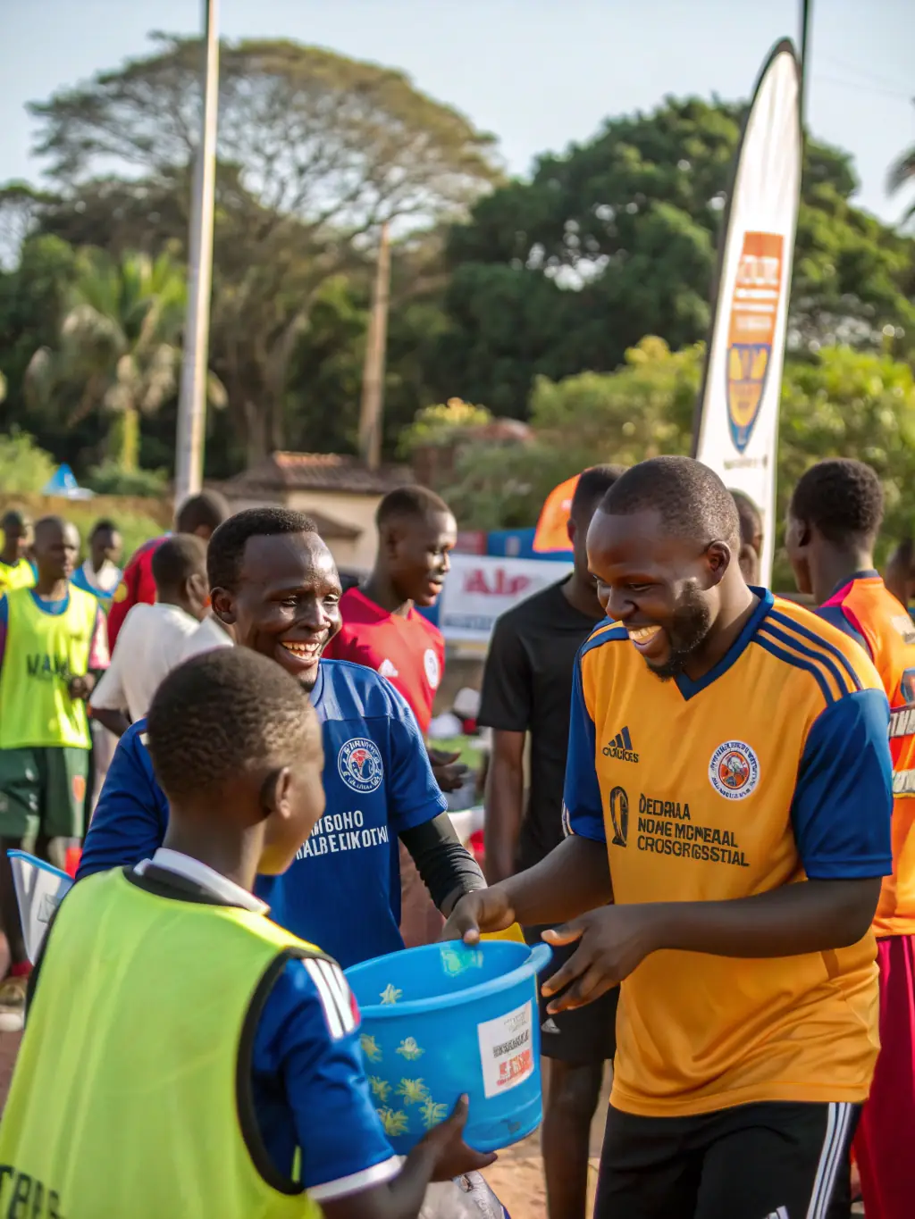 Adult members of FCBO FCB LES OLIVES participating in a community football event, interacting with local residents and promoting the club's values.