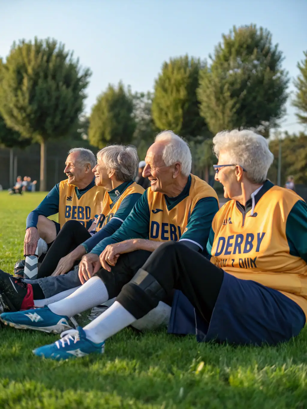 A diverse group of FCBO FCB LES OLIVES members participating in a social gathering after a football match, fostering camaraderie and team spirit.